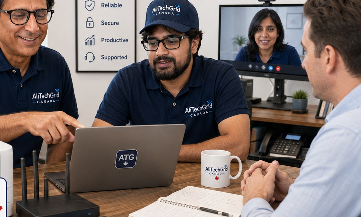 AliTechGrid team discussing technology support with a small-business customer
