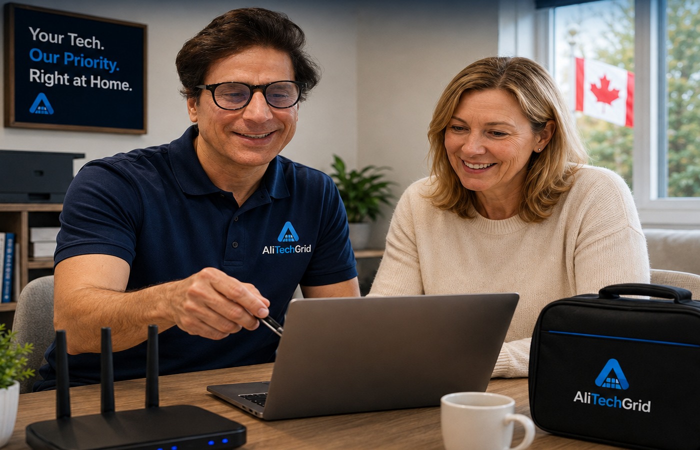 AliTechGrid technician providing on-site computer and Wi-Fi support at a customer's home