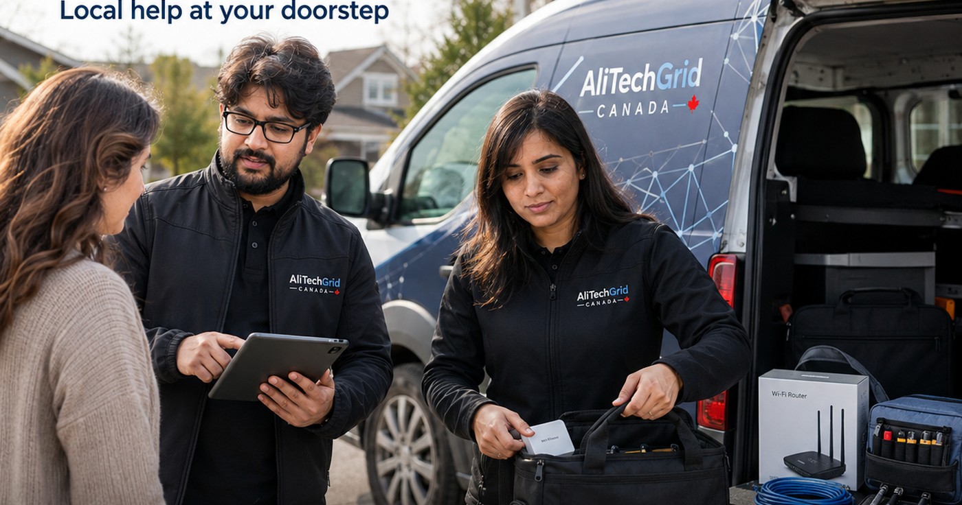 AliTechGrid mobile technology service team assisting a customer beside a service vehicle