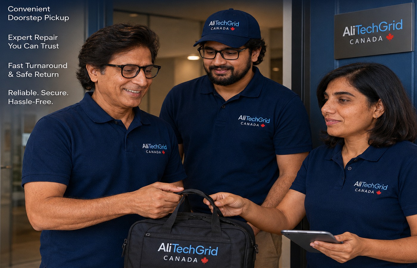 AliTechGrid technician arranging secure pickup and return of a customer's computer device